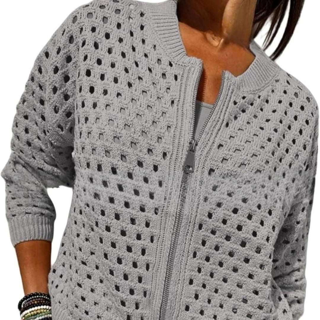 Cardigan Femme en Maille – Col Rond Zippé Léger Ajoure