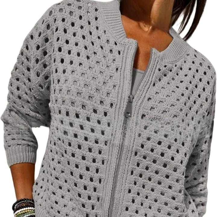 Cardigan Femme en Maille – Col Rond Zippé Léger Ajoure