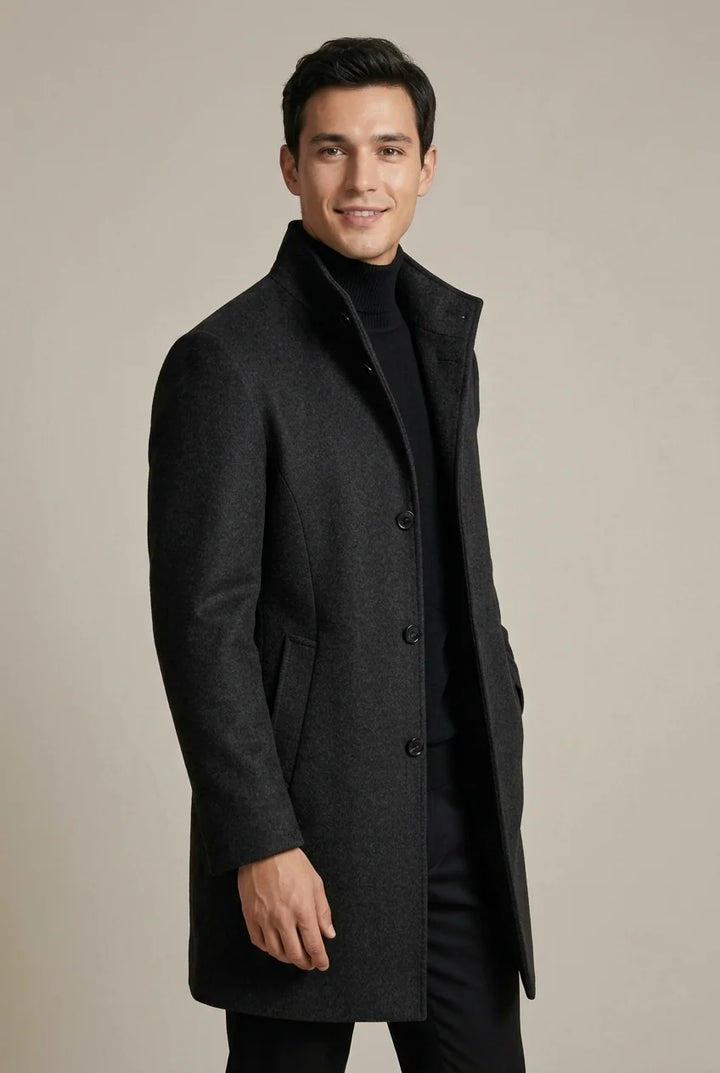 Manteau Homme Trench Col Montant – Coupe Mi-Longue Élégante