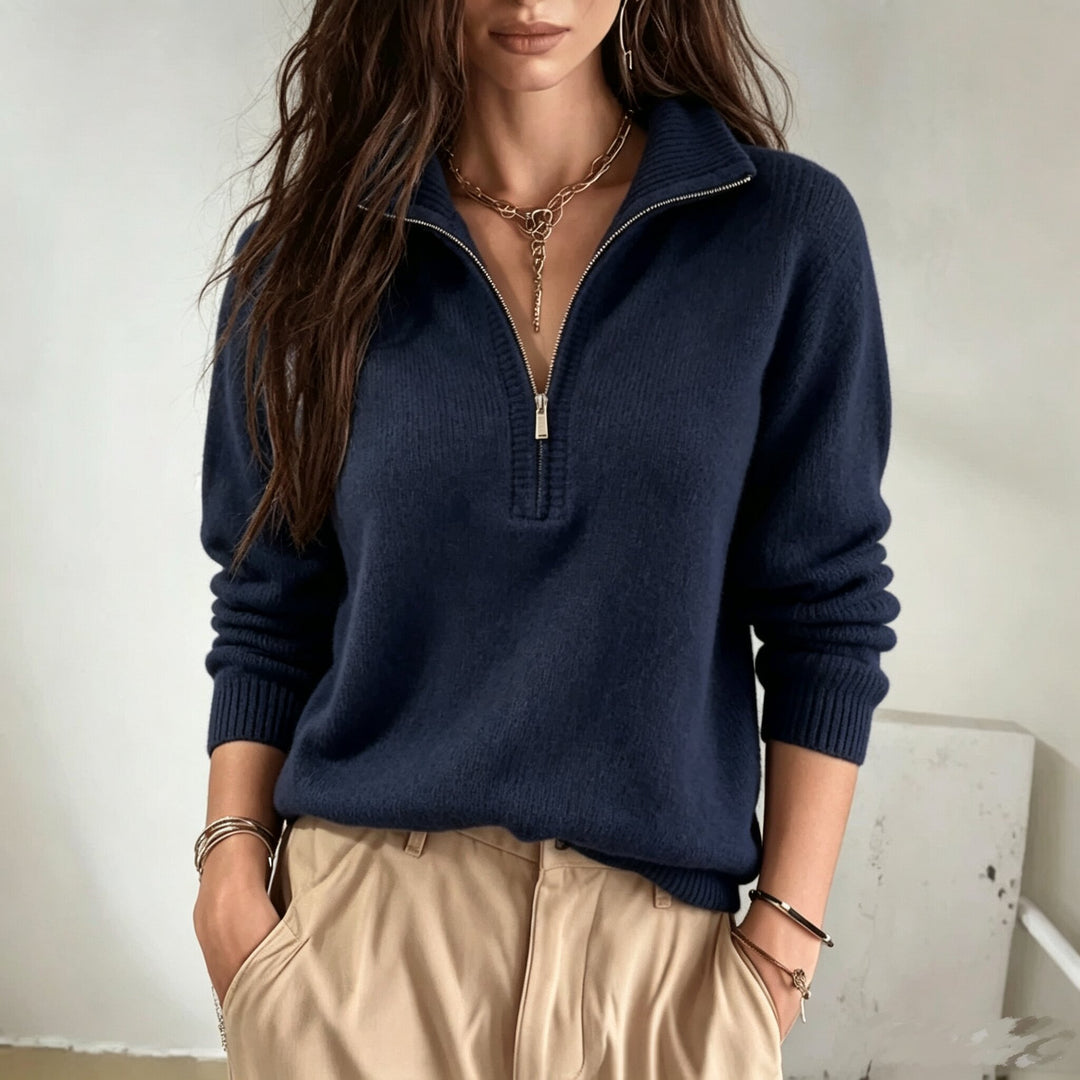 Damen-Pullover mit Stehkragen und Reißverschluss – Lässiger Strickwaren-Schnitt