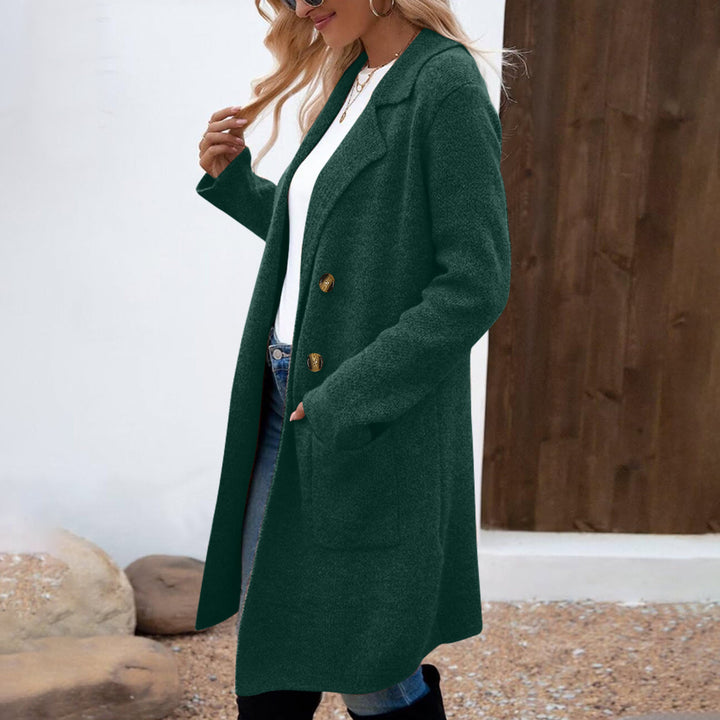 Manteau Femme Mi-long Maille – Col Structuré, Boutons Dorés