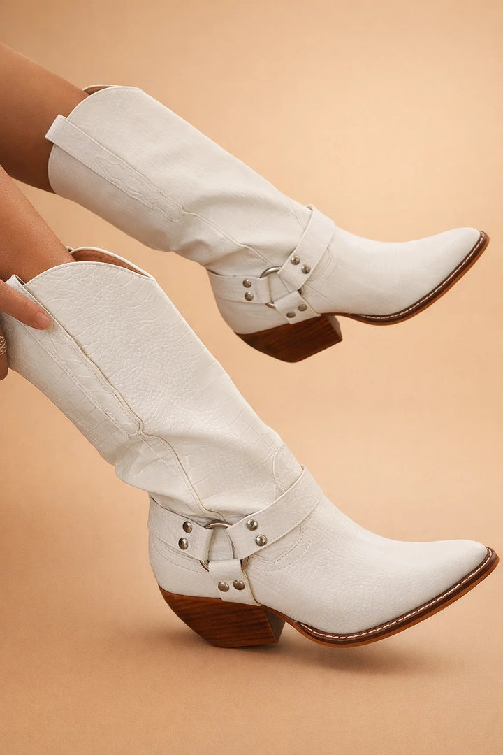 Bottes Western Femme – Tige Texturée Style Cuir, Bride Décorative
