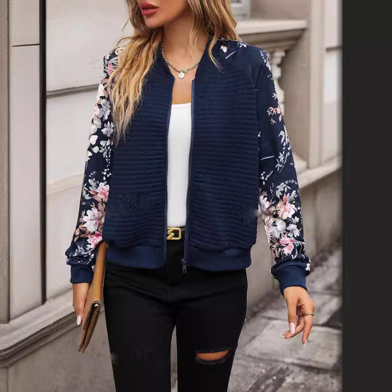 Blouson Femme Bomber Imprimé – Manches Raglan Florales, Zippé