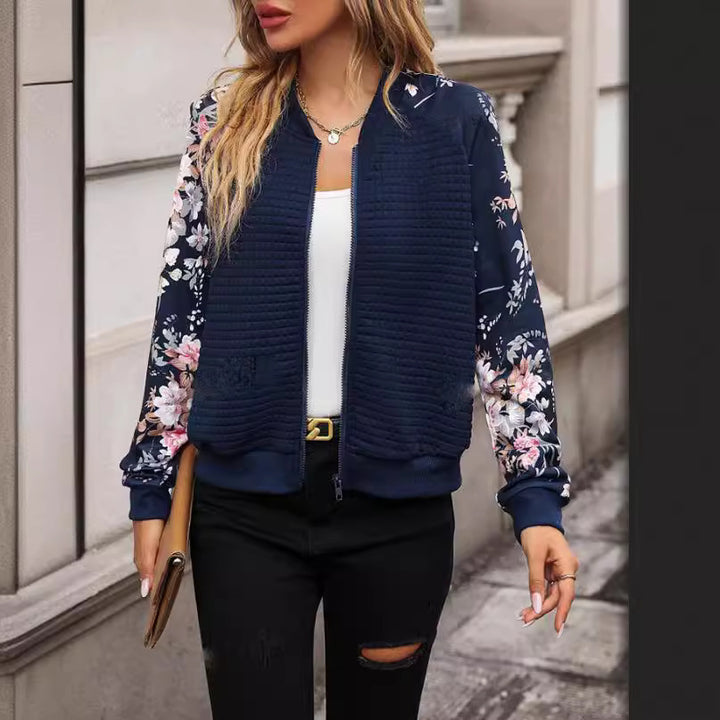Blouson Femme Bomber Imprimé – Manches Raglan Florales, Zippé