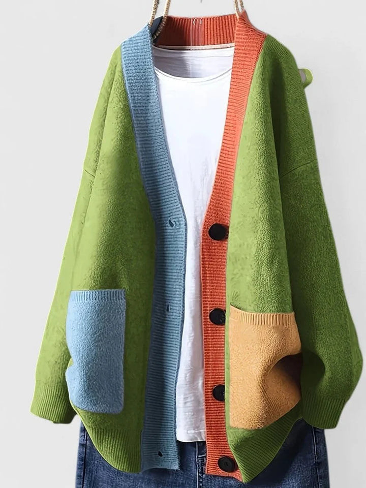 Oversize-Cardigan für Damen mit V-Ausschnitt – legerer Patchwork-Stil mit Knopfleiste