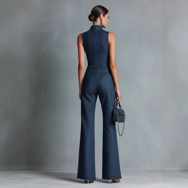 Combinaison Femme en Jean – Coupe Ajustée Sans Manches à Col Montant Zip