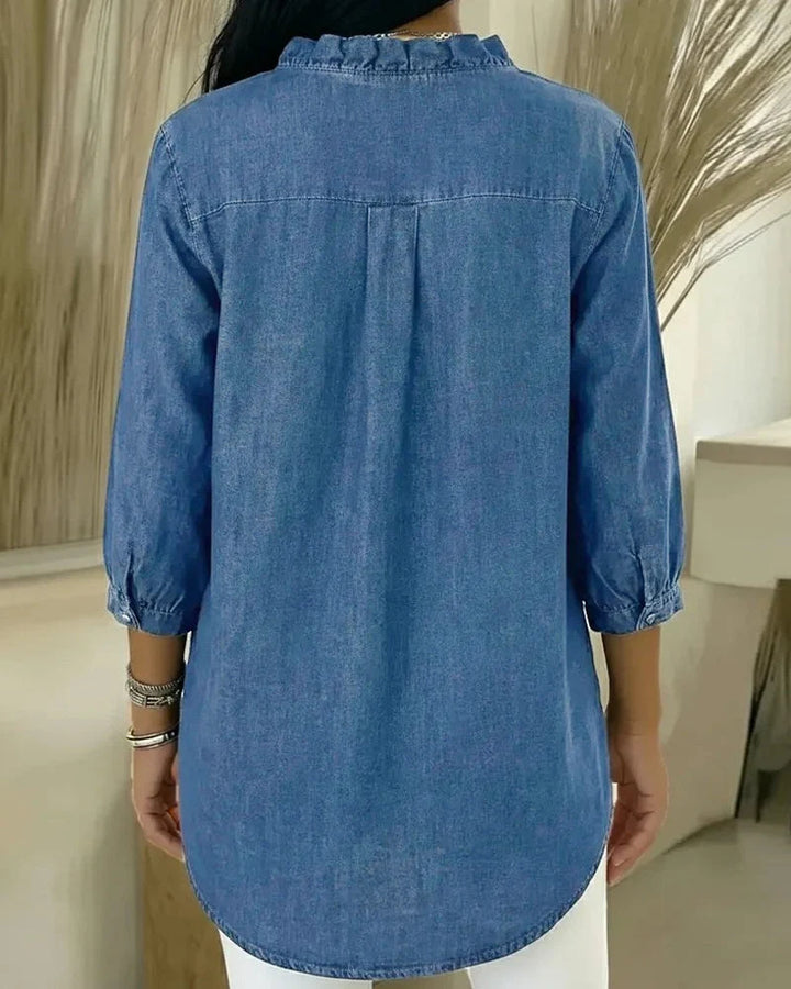 Damenbluse im Denim-Stil – V-Ausschnitt, Volants, gerader Schnitt