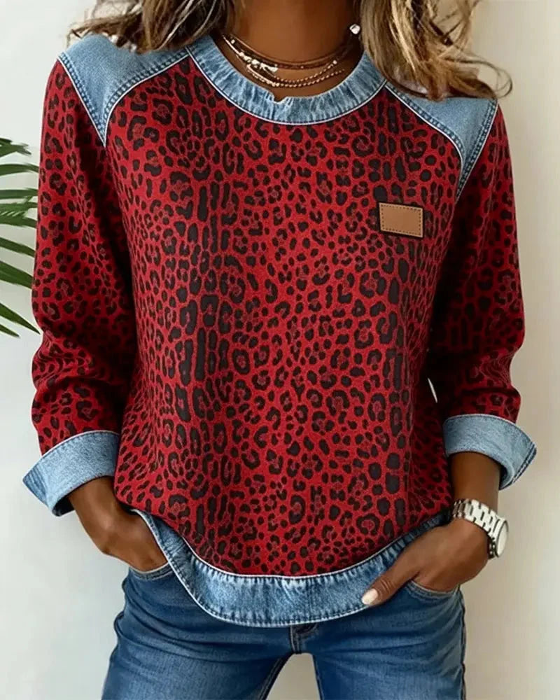 Patchwork-Sweatshirt für Damen – Rundhalsausschnitt, geprägtes Blumenmuster