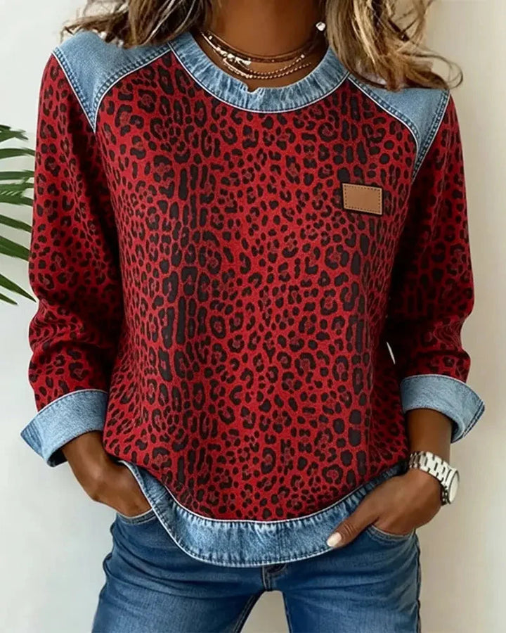 Patchwork-Sweatshirt für Damen – Rundhalsausschnitt, geprägtes Blumenmuster