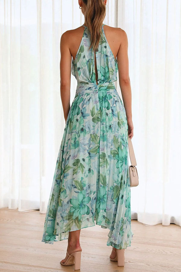 Robe Femme à Col Halter Imprimée – Sans Manches à Encolure V Évasée