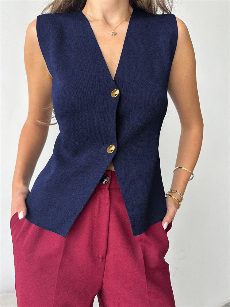 Gilet Femme Sans Manches Tricoté – Boucle Métal et Fente