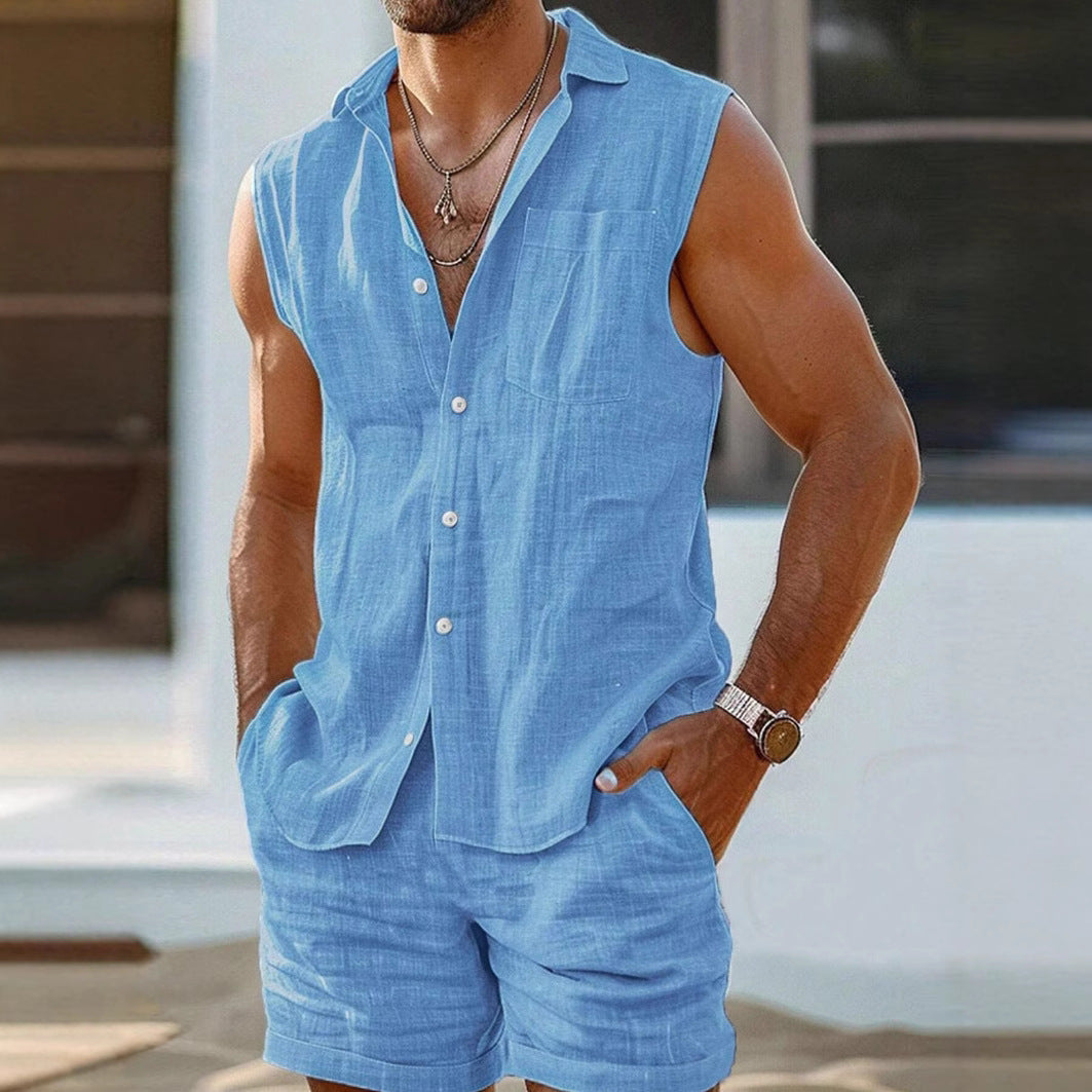 Completo Due Pezzi Uomo in Cotone Misto – Collo Camicia Aperto, Senza Maniche, Leggero