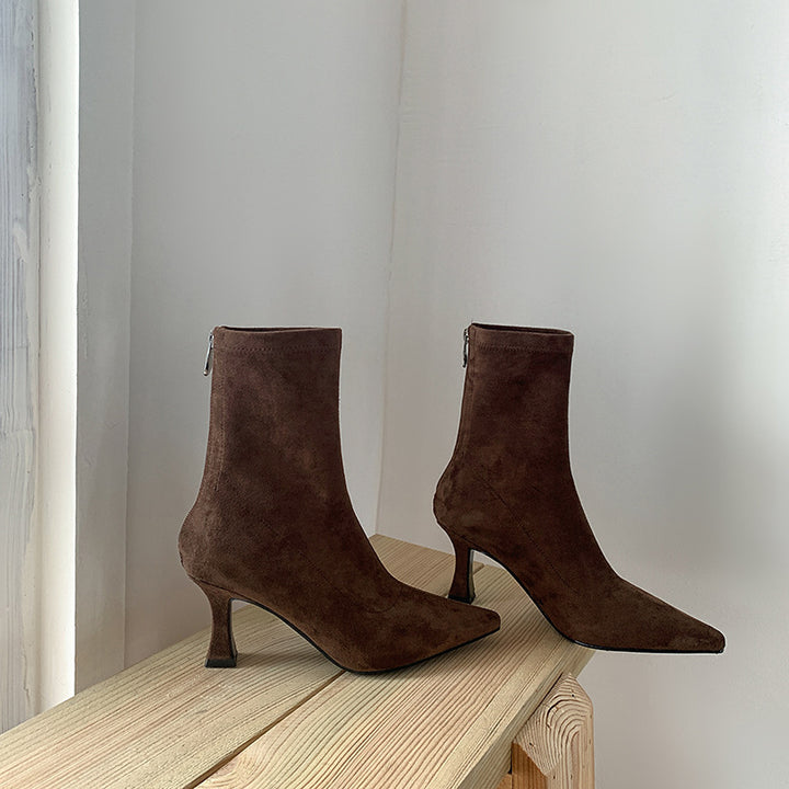 Damen-Stiefelette mit Veloursleder-Schaft – Spitze Zehenkappe, Pfennigabsatz, Reißverschluss hinten
