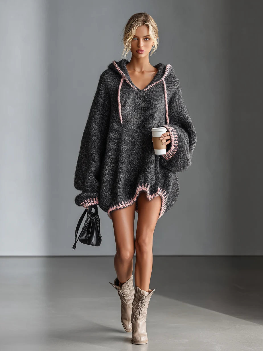 Damen-Strickpullover mit Kapuze – Slim Fit mit kontrastierender Verarbeitung