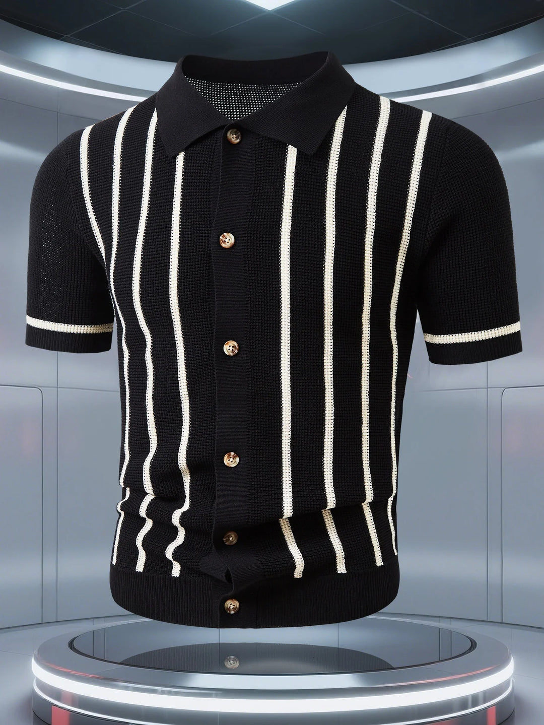 Herren-Poloshirt aus strukturiertem Strick – vertikale Streifen, klassischer Knopfkragen