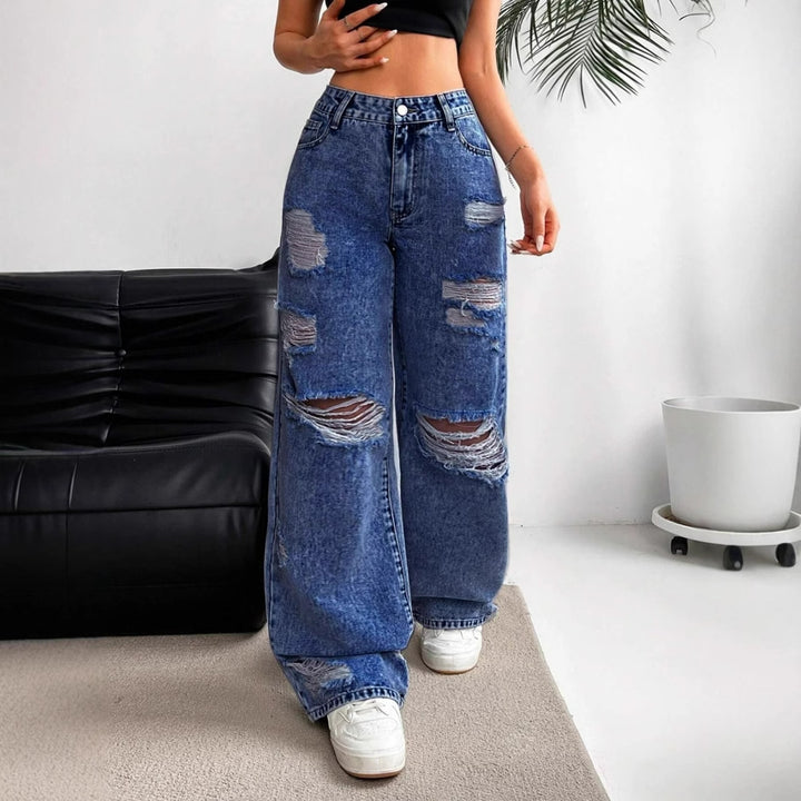 Jeans til kvinder i bomuld med høj talje - bredt, lige snit med slidt effekt