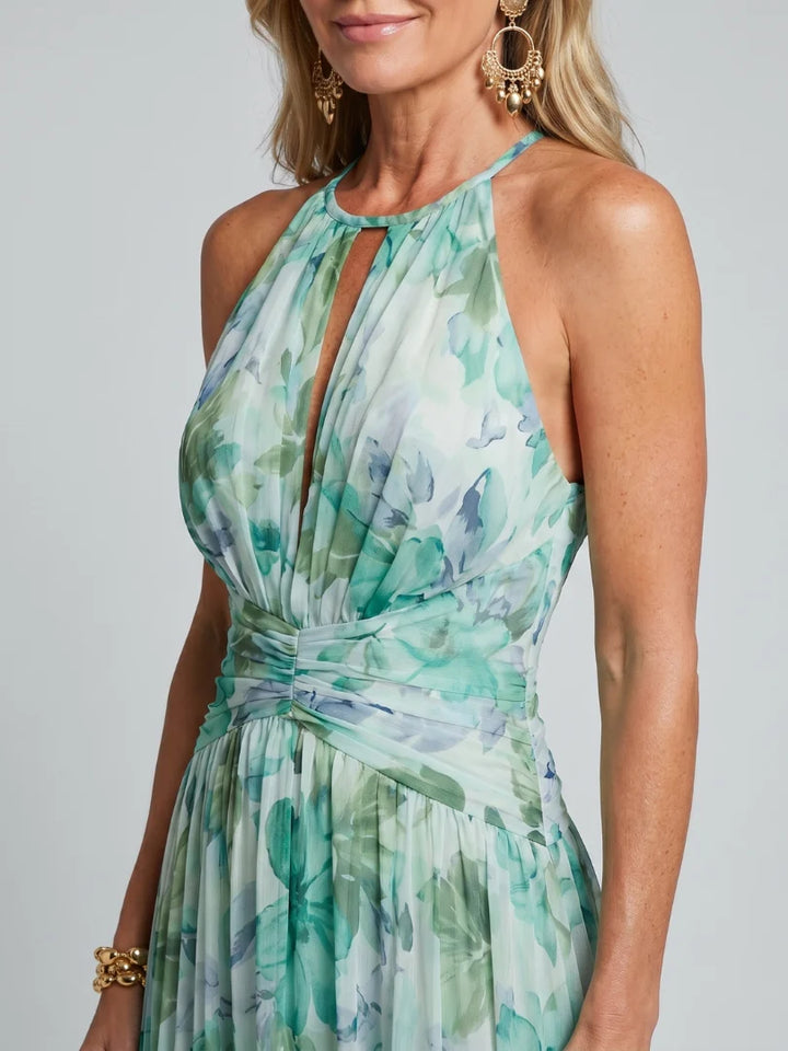 Robe Femme Maxi à Col Halter – Imprimé Fluide et Décolleté V