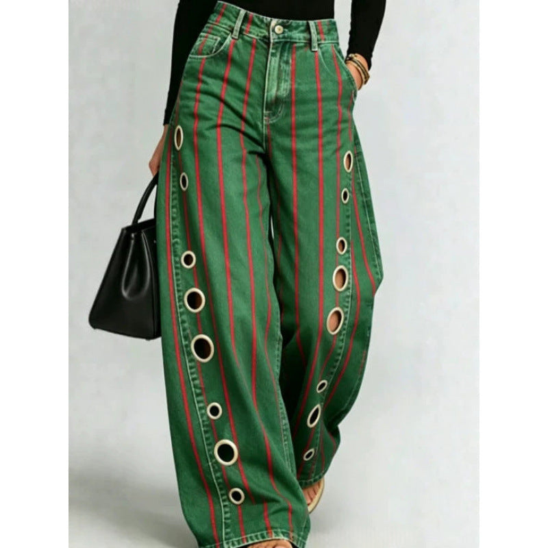 Pantalon Femme Taille Haute Jambe Large – Imprimé Graphique et Anneau