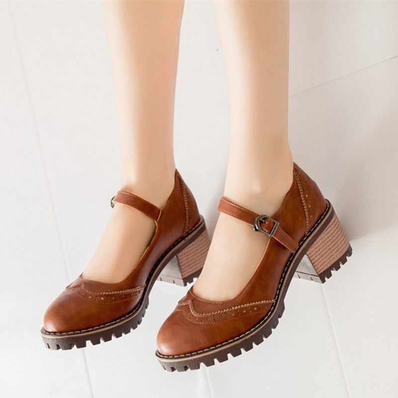 Damesko i Mary Jane-stil – Retro chunky hæl med ankelrem