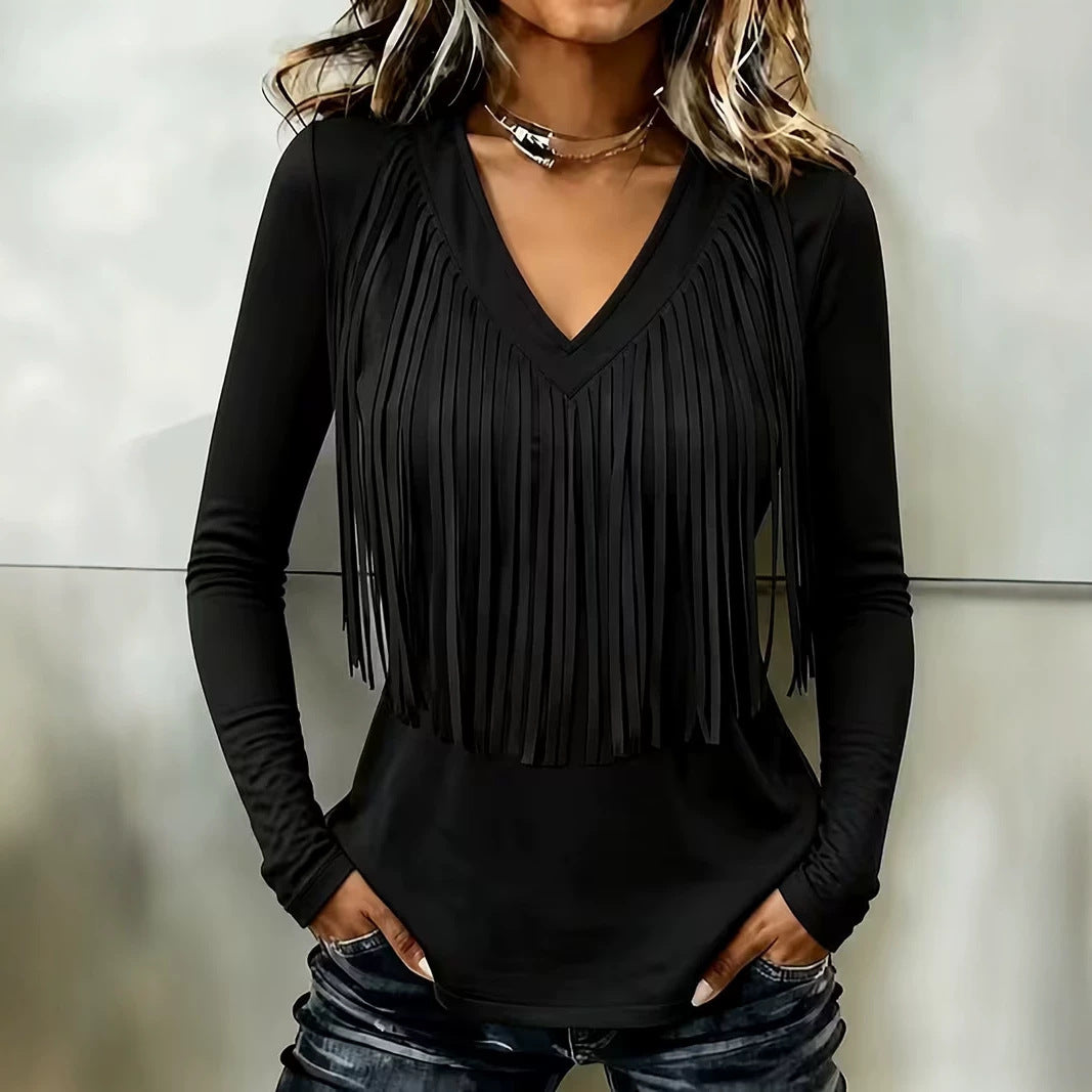 Haut Femme à Franges – Col V Manches Longues Style Western