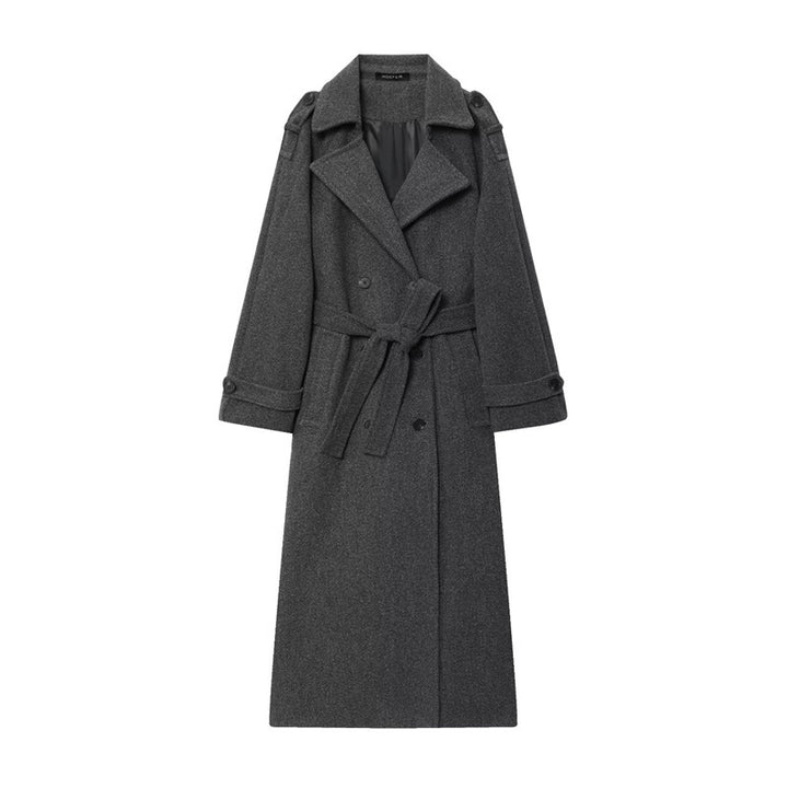 Manteau Long Femme Laine Mélangée – Ceinture &amp; Col à Revers