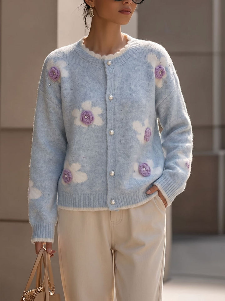 Gilet Femme en Maille – Détail Fleurs 3D, Coupe Décontractée