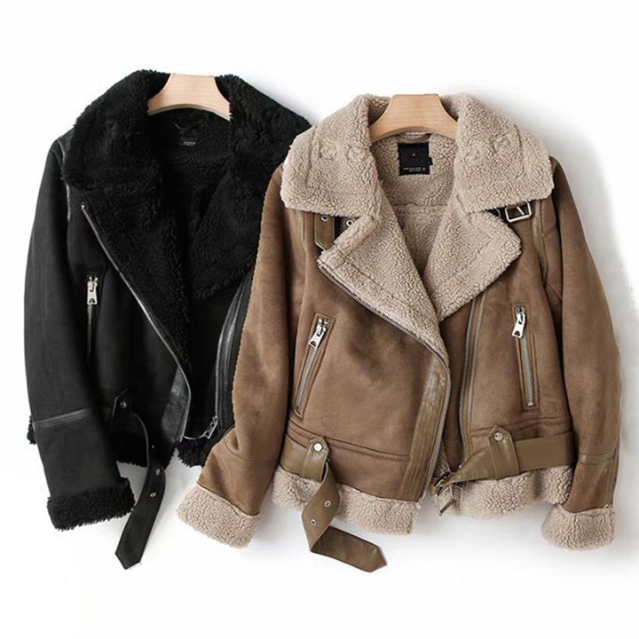 Damen-Wildlederjacke – Reverskragen im winterlichen Biker-Stil