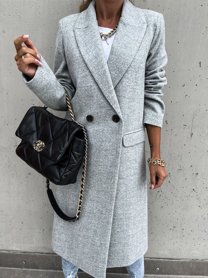Manteau Long Double Boutonnage Femme Col Tailleur – Coupe Droite Décontractée