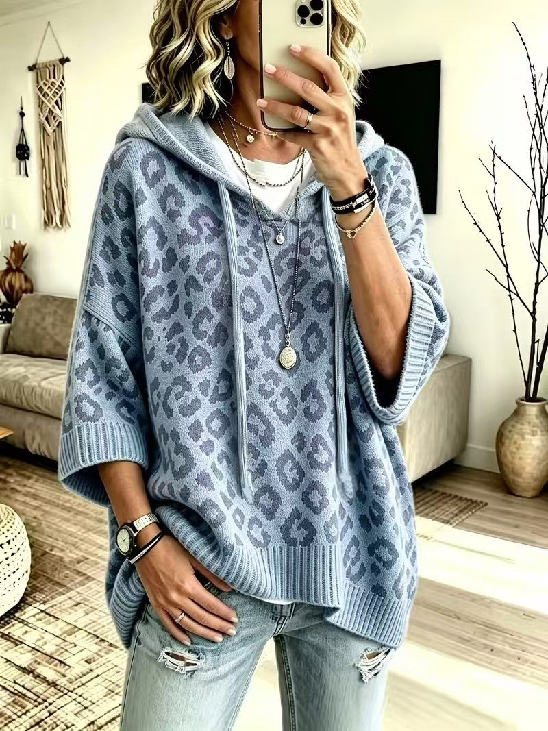 Damen-Kapuzenpullover mit Leopardenmuster – Lässige Strickwaren