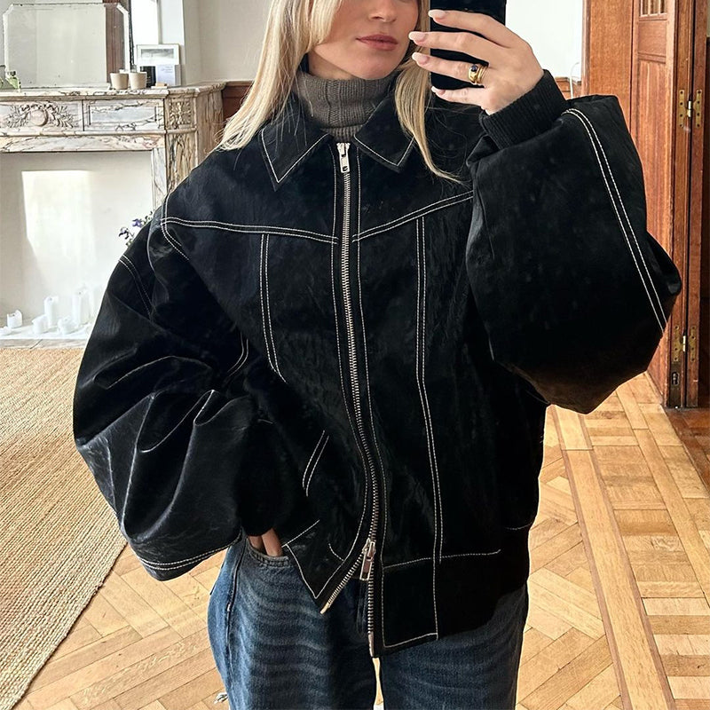 Veste Femme Motard Moto – Coupe Loose à Col Revers Zippé