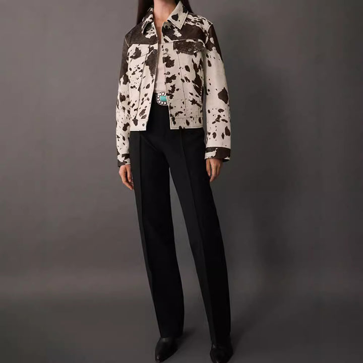 Veste Femme en Jean Courte – Motif Irrégulier, Coupe Cropped