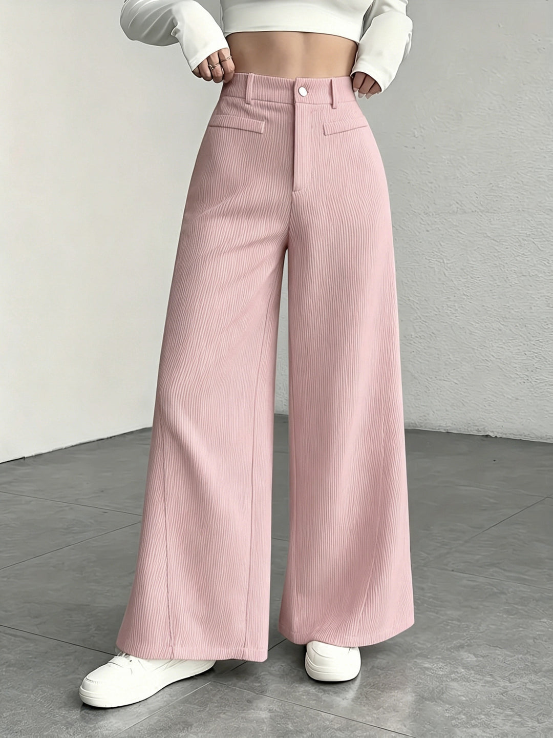 Pantalon Femme Taille Haute Jambe Large – Rayures Verticales Élégantes