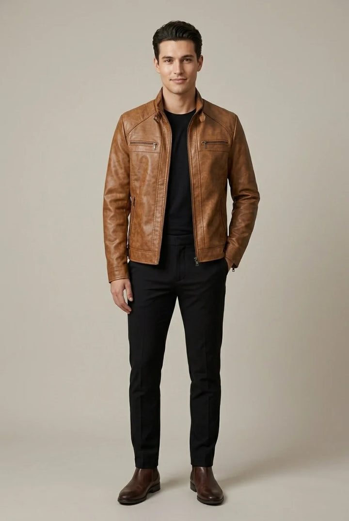 Veste Homme Col Montant – Fermeture Zippée Finition Similicuir