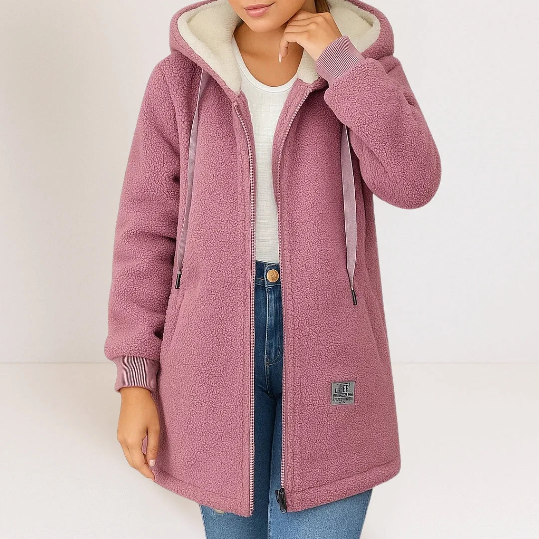 Manteau Femme Doublé Polaire – Coupe Mi-Longue à Capuche
