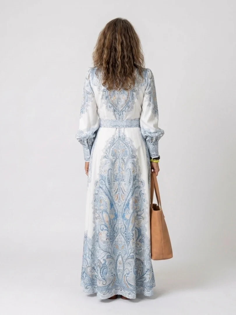 Robe Femme Maxi Imprimée – Col à Revers Manches Lanternes