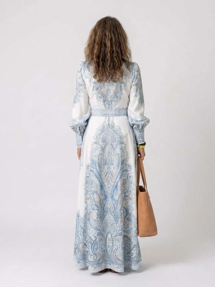 Robe Femme Maxi Imprimée – Col à Revers Manches Lanternes