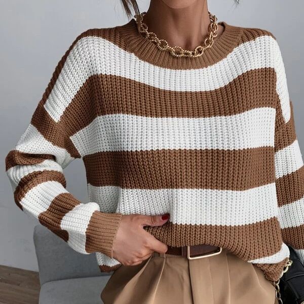 Damen-Pullover mit gestrickten Streifen – Lässige Loose-Passform