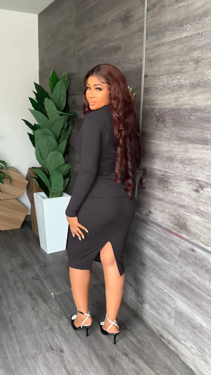 Tailleur Deux Pièces Femme – Veste Col Chemise &amp; Jupe Mi-Longue