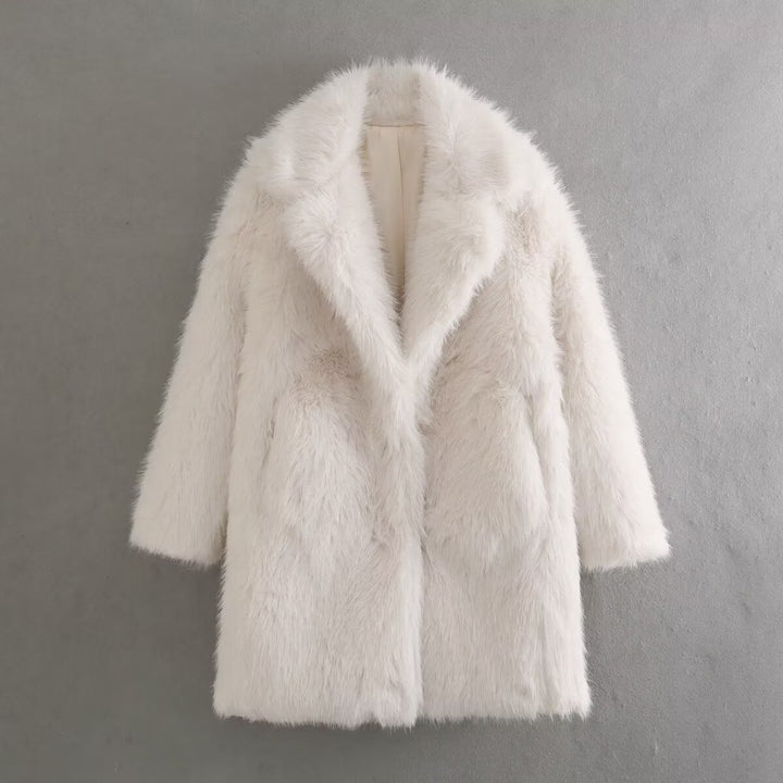 Manteau Femme Mi-Long Effet Peluche – Coupe Ample avec Poches