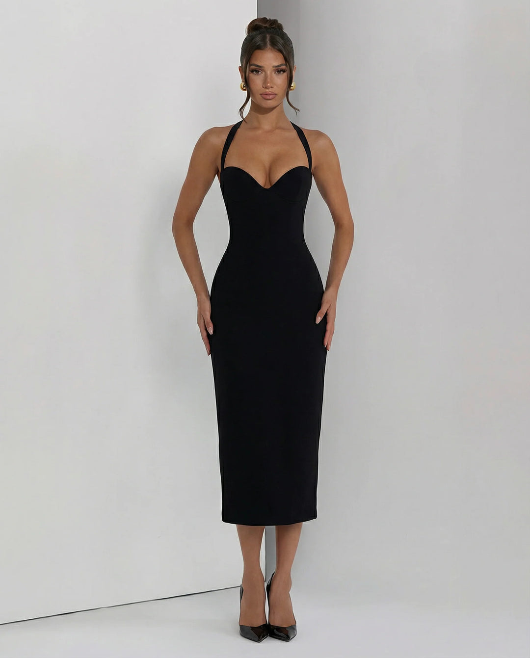 Midi-Kleid für Damen – Neckholder-Ausschnitt, strukturierter Schnitt, Rückenschlitz