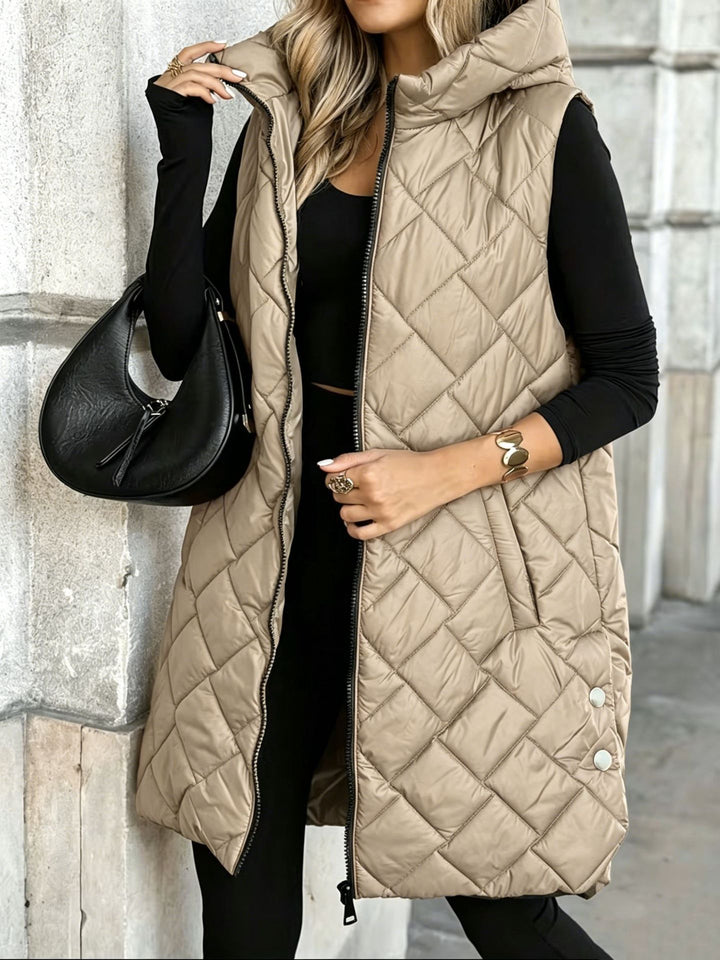 Gilet Femme Sans Manches à Capuche – Coupe Longue Zippée