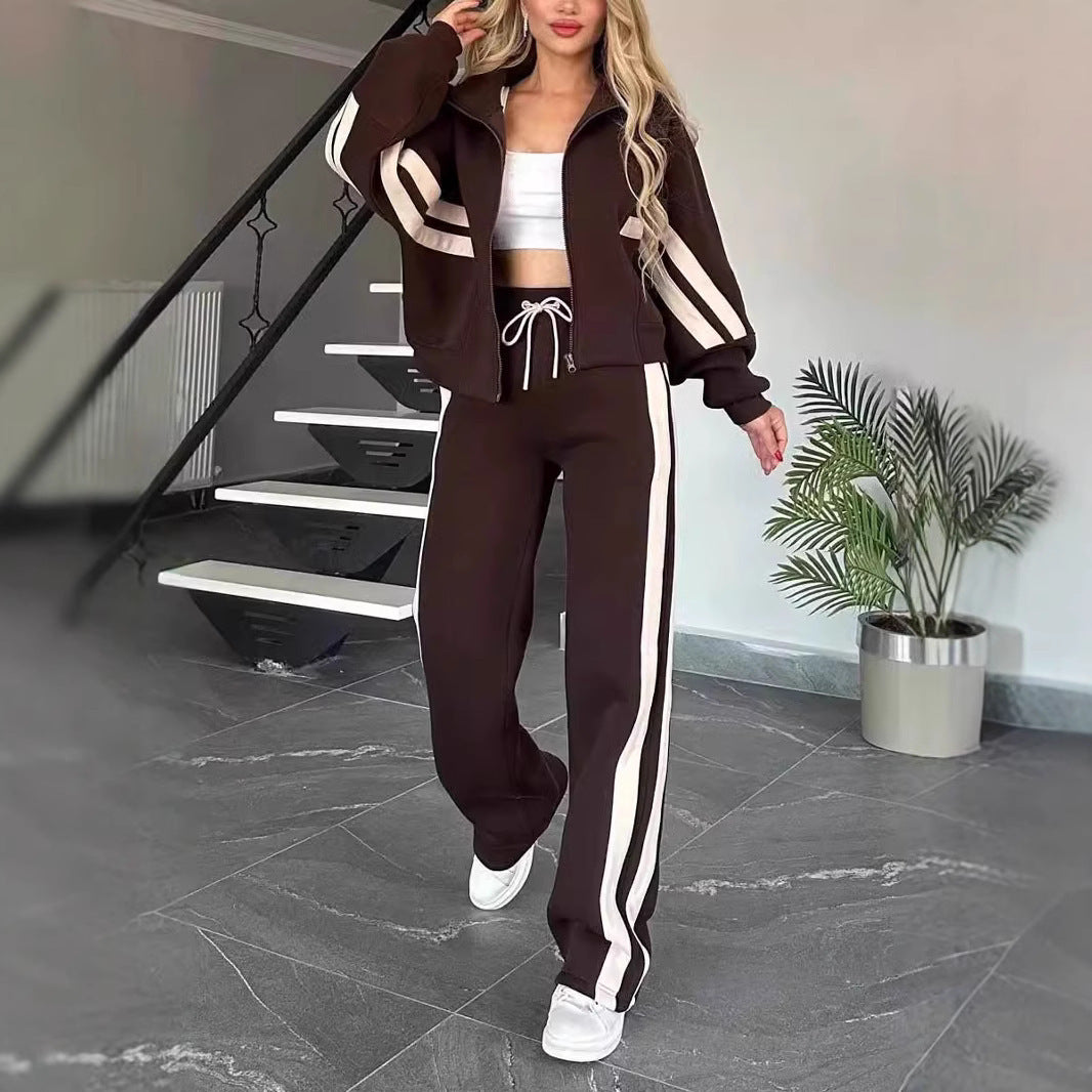 Ensemble Deux Pièces Femme – Veste de Sport Rayée &amp; Pantalon Large Coupe Décontractée