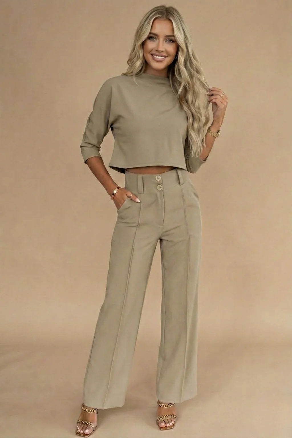 Conjunto de dos piezas para mujer – Top corto acampanado y pantalón ancho de talle alto