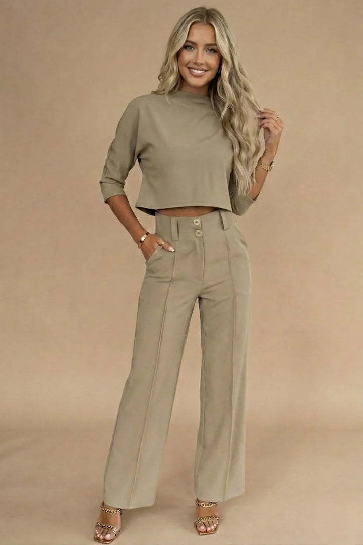 Conjunto de dos piezas para mujer – Top corto acampanado y pantalón ancho de talle alto