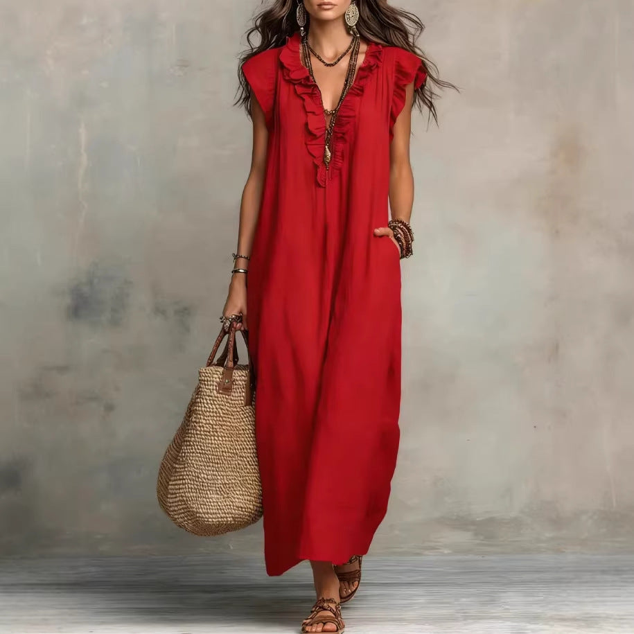 Maxikleid für Damen ohne Ärmel – elegante Volants und praktische Taschen