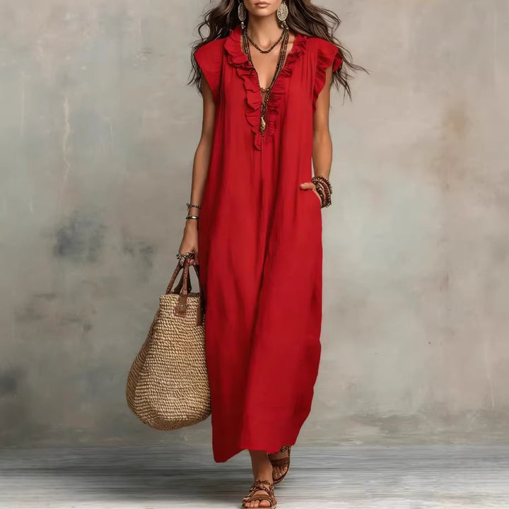 Maxikleid für Damen ohne Ärmel – elegante Volants und praktische Taschen