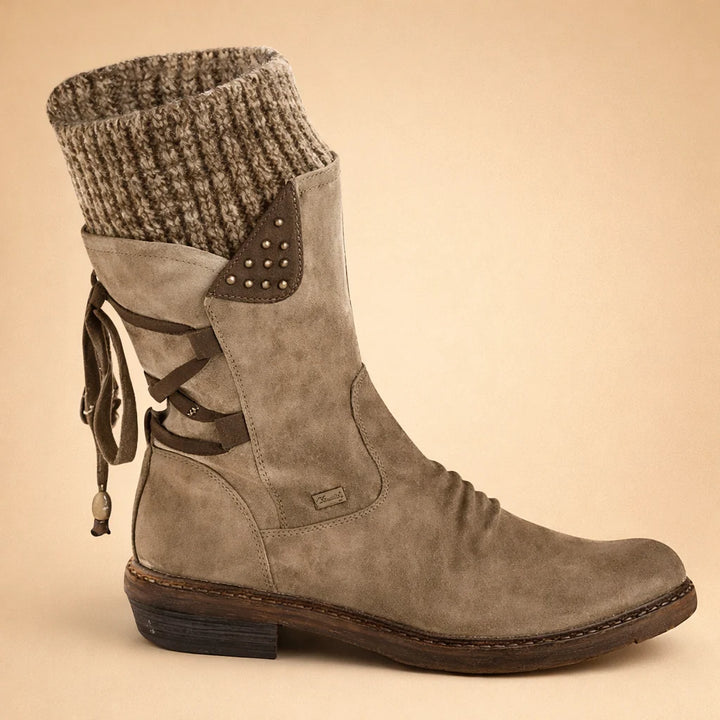 Damenstiefel mit weichem Schaft – niedriger Absatz, runde Zehenkappe, Martens-Stil