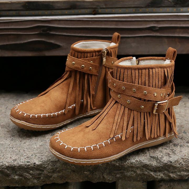 Damenstiefeletten aus Veloursleder – Lässige Fransen &amp; flacher Absatz