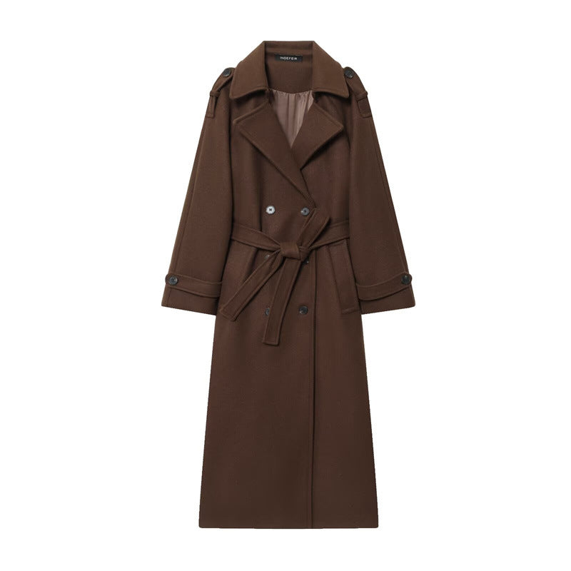 Manteau Long Femme Laine Mélangée – Ceinture &amp; Col à Revers
