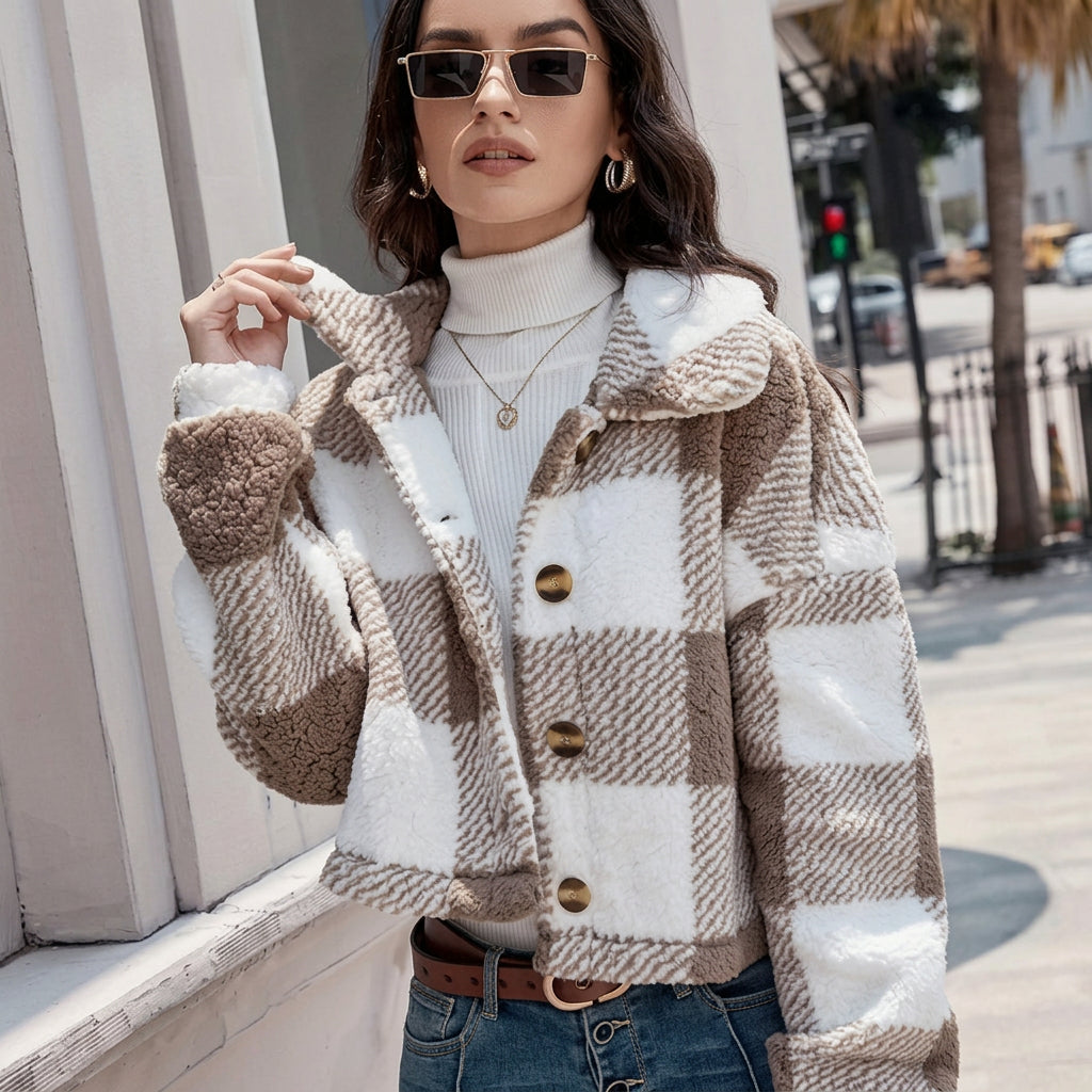 Veste Femme à Carreaux – Coupe Croppée, Tissu Doux et Épais